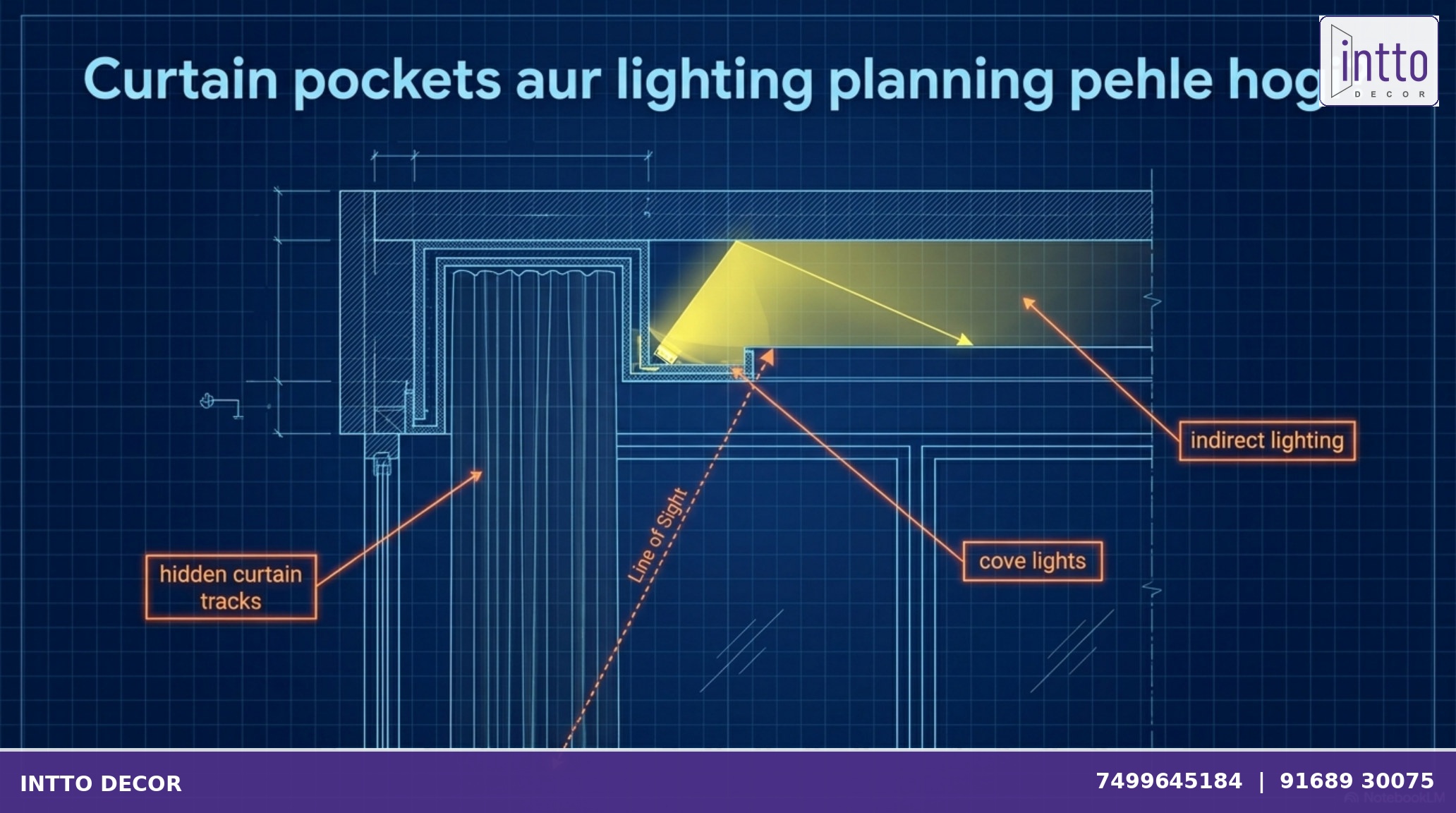 Curtain pocket and concealed false ceiling lighting design