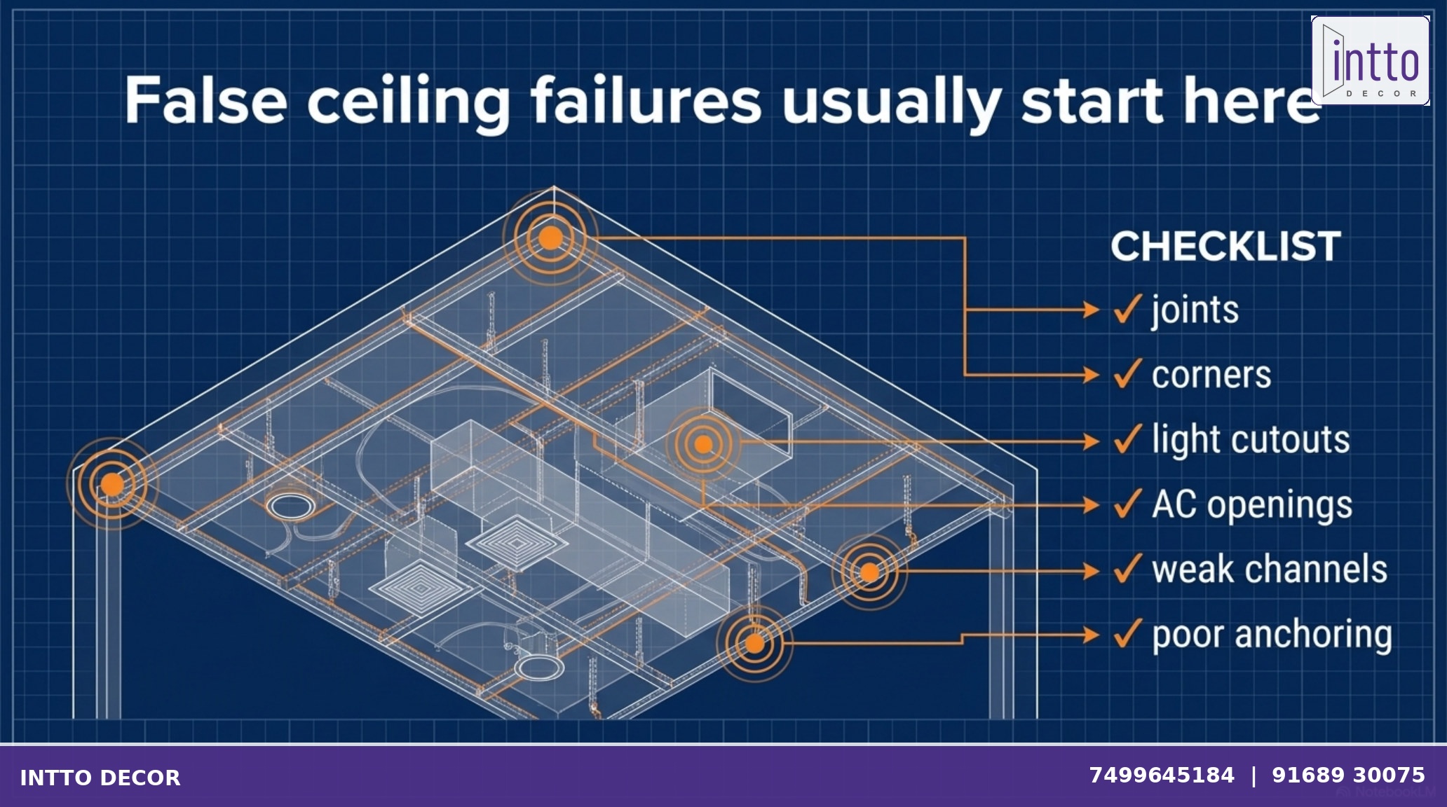 False ceiling failure points including joints corners light cutouts AC openings